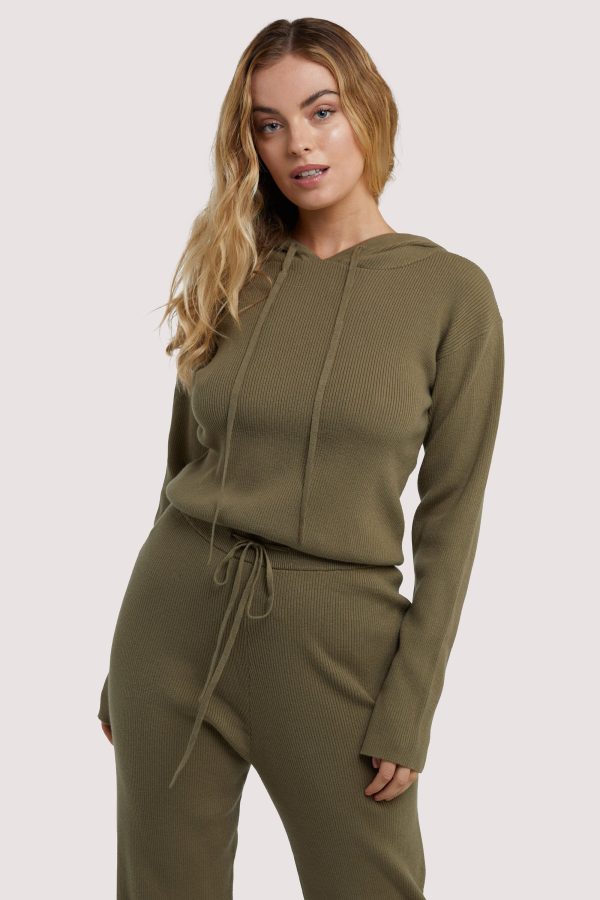 Lounge Khaki Knitted Rib Cropped Hoodie Supply