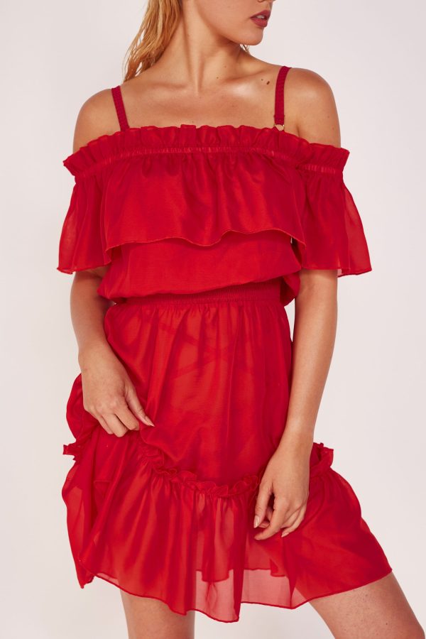 Wolf & Whistle Red Bardot Frill Beach Dress For Discount